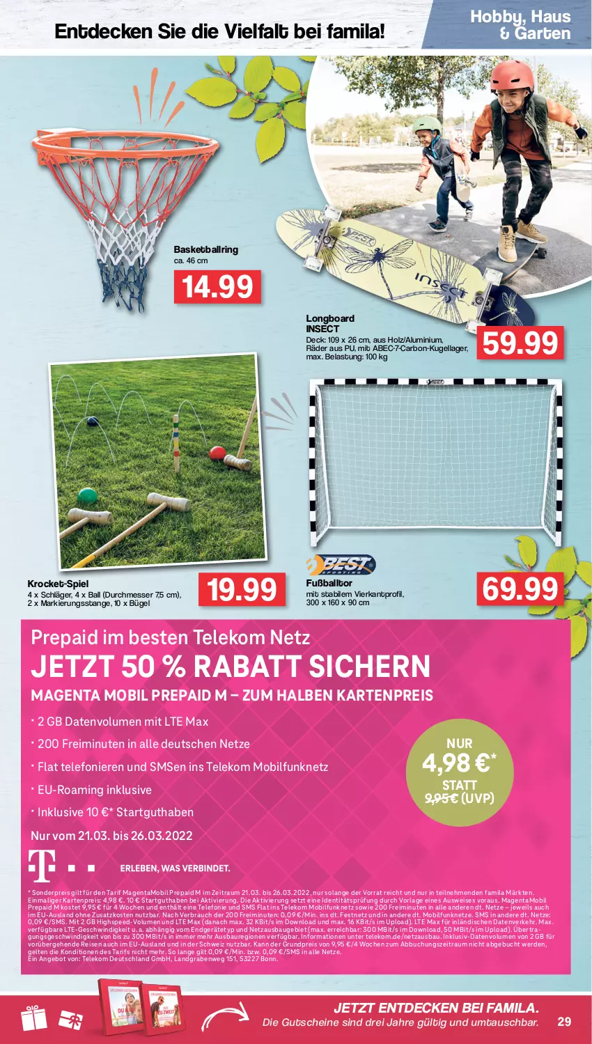 Aktueller Prospekt Famila - Prospekte - von 21.03 bis 26.03.2022 - strona 29 - produkty: angebot, ball, Bau, buch, bügel, decke, eis, erde, Fußball, Garten, gutschein, gutscheine, Hobby, Holz, Kugel, Longboard, messer, Rauch, reis, ring, spee, telefon, Ti, usb