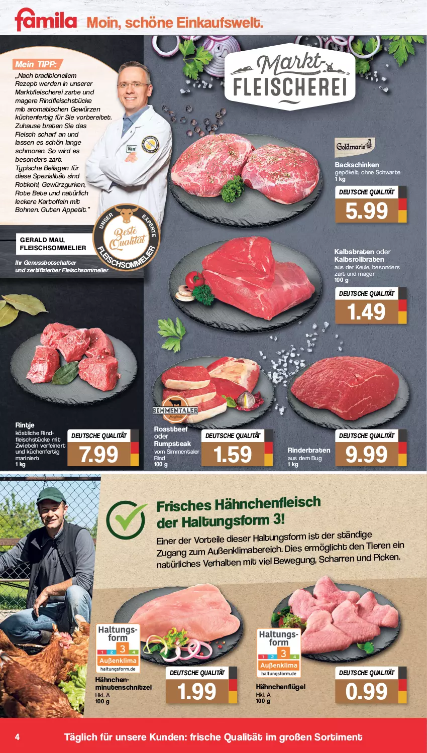 Aktueller Prospekt Famila - Prospekte - von 21.03 bis 26.03.2022 - strona 4 - produkty: beef, bohne, bohnen, braten, eis, elle, erde, fleisch, Fleischerei, fleischsommelier, gewürz, Gewürzgurke, gewürzgurken, gurke, gurken, Hähnchenfleisch, hähnchenflügel, ilag, kartoffel, kartoffeln, küche, Küchen, mab, minutenschnitzel, mit zwiebeln, nuss, oder rumpsteak, rezept, rind, rinder, rinderbraten, rindfleisch, roastbeef, rollbraten, rote bete, rotkohl, rum, rumpsteak, Schere, schinken, schnitzel, sim, Spezi, steak, Ti, Tiere, tisch, zwiebel, zwiebeln