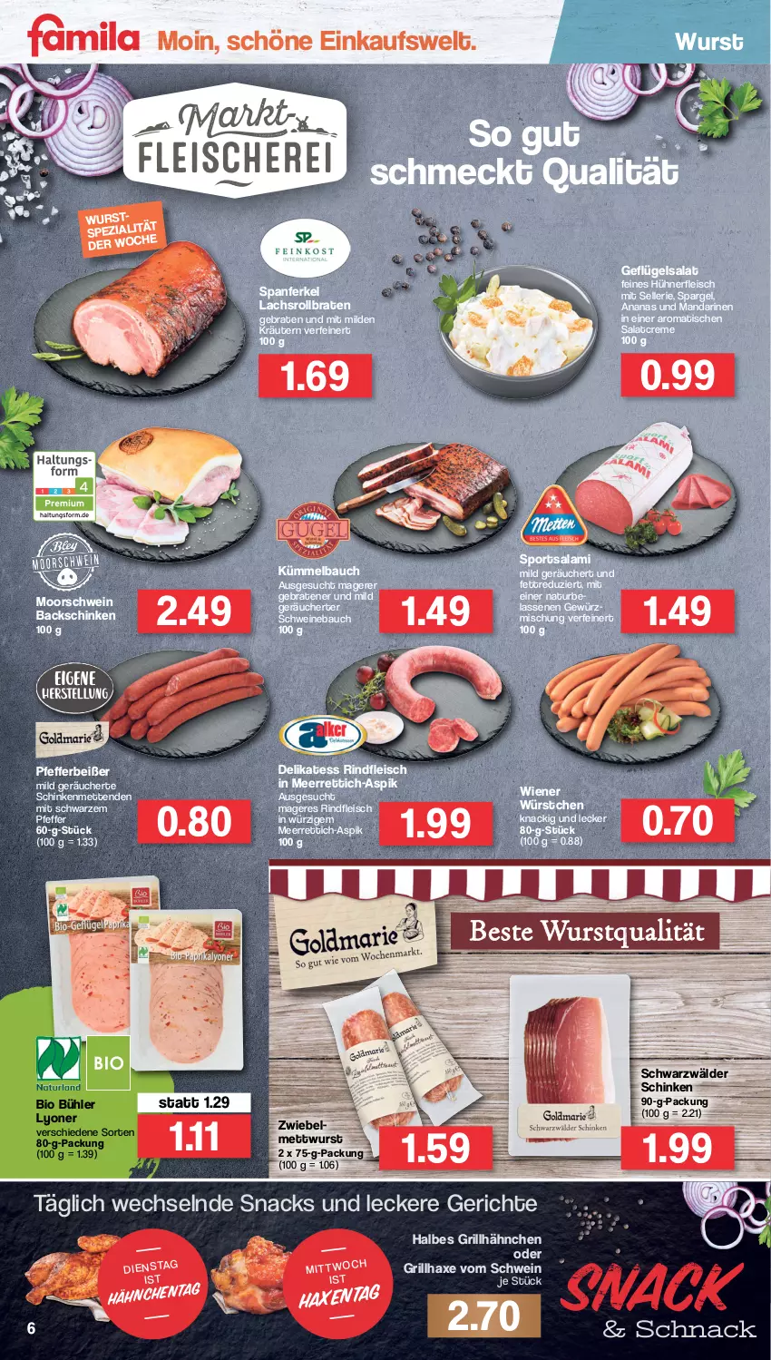 Aktueller Prospekt Famila - Prospekte - von 21.03 bis 26.03.2022 - strona 6 - produkty: ananas, axe, Bau, bio, braten, creme, eis, elle, fleisch, Geflügel, geflügelsalat, gewürz, grill, grillhähnchen, grillhaxe, Haxe, hühner, kräuter, kräutern, Kümmelbauch, lachs, lyoner, mandarine, mandarinen, meerrettich, Mett, metten, Mettenden, mettwurst, natur, nerf, pfeffer, Pfefferbeißer, Rettich, rind, rindfleisch, rollbraten, salami, salat, salatcreme, schinken, schwarzwälder schinken, schwein, schweine, Schweinebauch, snack, snacks, spargel, Spezi, Sport, Ti, tisch, wein, weine, wiener, wiener würstchen, wurst, würstchen, Yo, zwiebel