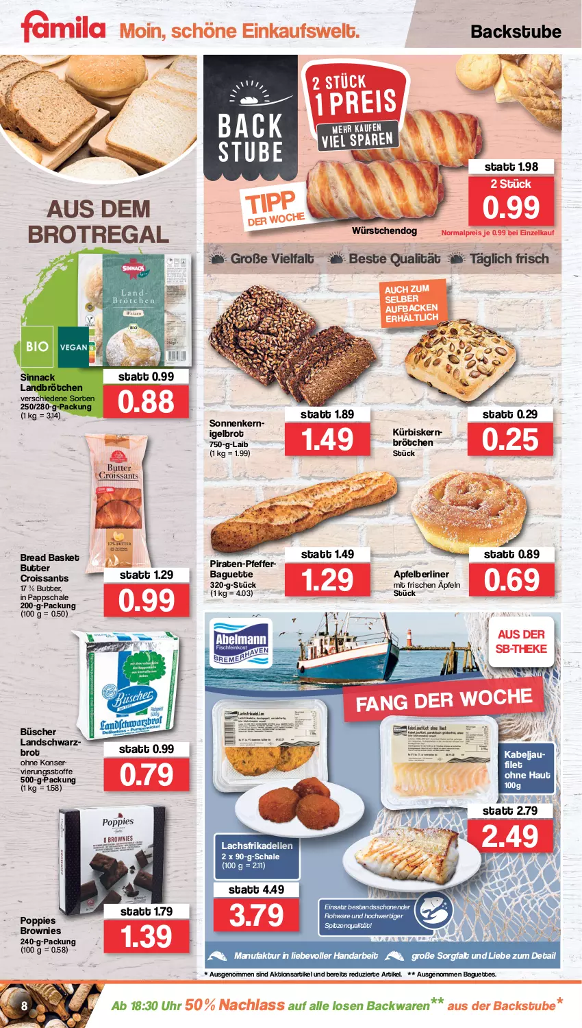 Aktueller Prospekt Famila - Prospekte - von 21.03 bis 26.03.2022 - strona 8 - produkty: apfel, backwaren, baguette, baguettes, berliner, brot, brötchen, brownie, brownies, butter, Croissant, croissants, dell, eis, elle, Faktu, filet, frikadellen, kabeljaufilet, Kürbis, lachs, pfeffer, Popp, regal, reis, Schal, Schale, Schwarzbrot, sinnack, spitzenqualität, stube, Ti, uhr, würstchen