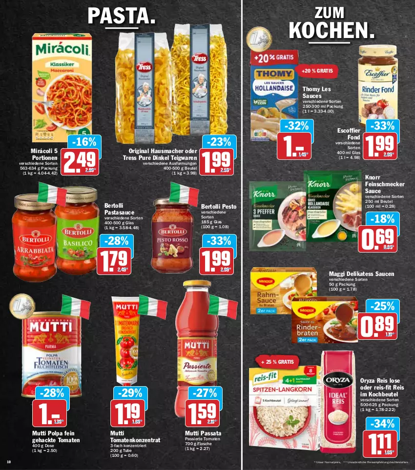 Aktueller Prospekt Hit - Prospekte - von 23.05 bis 28.05.2022 - strona 10 - produkty: bertolli, beutel, delikatess sauce, eis, elle, feinschmecker, flasche, gin, Hausmacher, knorr, kochbeutel, mac, maggi, Mirácoli, Mutti, oryza, pasta, pesto, reis, reis-fit, sauce, saucen, teigwaren, teller, thomy, thomy les sauces, Ti, tomate, tomaten