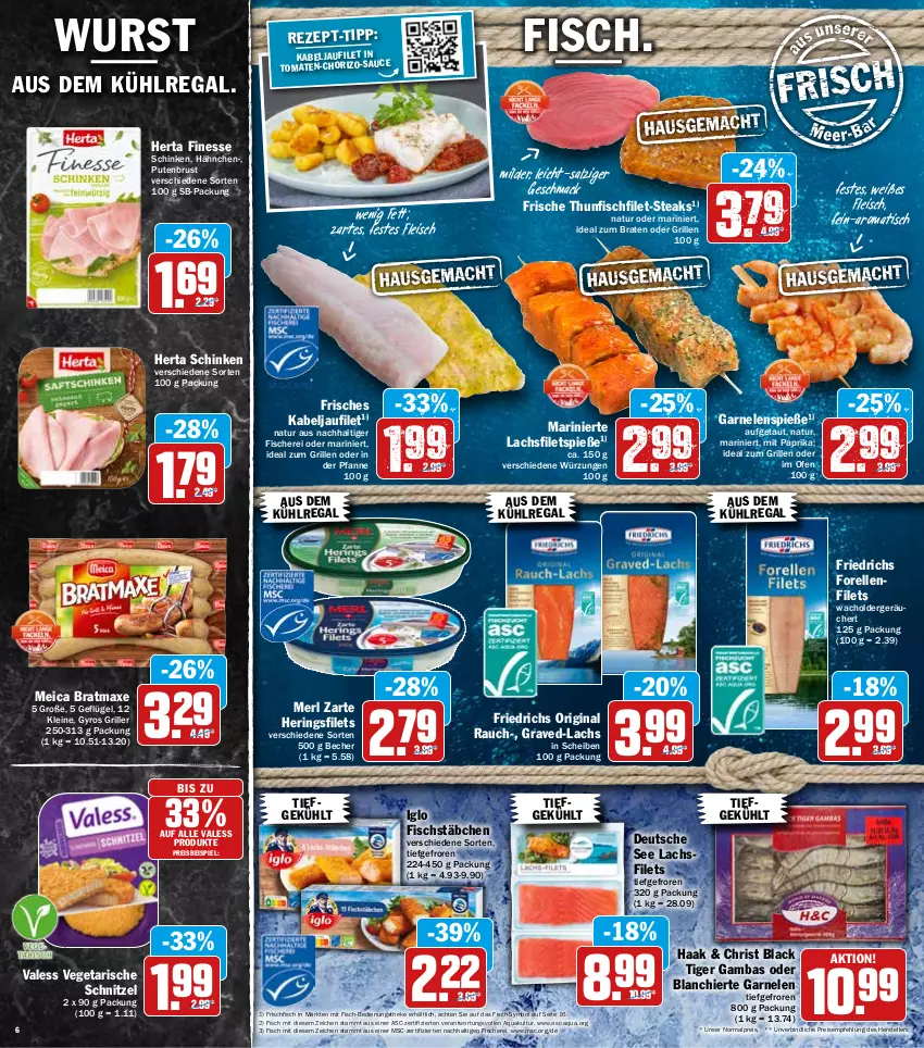 Aktueller Prospekt Hit - Prospekte - von 23.05 bis 28.05.2022 - strona 6 - produkty: aqua, aus dem kühlregal, axe, Becher, braten, bratmaxe, chorizo, eis, elle, filet, filets, finesse, fisch, fische, Fischer, fischstäbchen, fleisch, forelle, frischfisch, garnelen, Geflügel, gin, grill, gyros, hering, Herings, heringsfilets, herta, herta finesse, ideal zum braten, ideal zum grillen, iglo, kabeljaufilet, kühlregal, lachs, lachsfilet, lachsfilets, lack, leine, mac, meica, merl, mit paprika, natur, Ofen, paprika, pfanne, pute, putenbrust, Rauch, regal, reis, rel, ring, salz, Schere, schinken, schnitzel, steak, steaks, teller, tender, thunfisch, Ti, tisch, tomate, tomaten, Vegeta, wurst