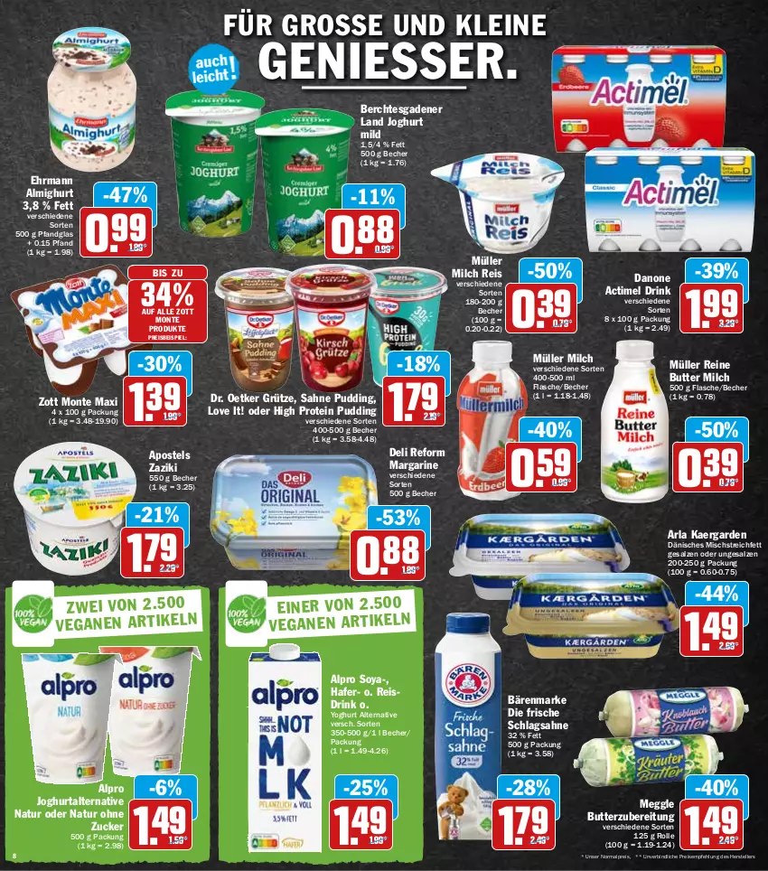 Aktueller Prospekt Hit - Prospekte - von 23.05 bis 28.05.2022 - strona 8 - produkty: actimel, actimel drink, almighur, almighurt, alpro, apostels, arla, bärenmarke, Becher, butter, danone, danone actimel drink, deli reform, Dr. Oetker, drink, ehrmann, ehrmann almighurt, eis, elle, flasche, grütze, hafer, joghur, joghurt, joghurt mild, leine, margarine, meggle, milch, monte, Müller, natur, pudding, reis, Reisdrink, sahne, salz, schlagsahne, soya, teller, tender, Ti, Yo, yoghurt, zaziki, zott, Zott Monte, zucker