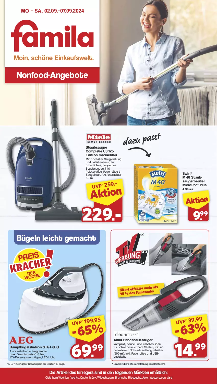 Aktueller Prospekt Famila - Prospekte - von 02.09 bis 07.09.2024 - strona 1 - produkty: akku, akku-handstaubsauger, angebot, angebote, Behälter, beutel, bügel, Bügelstation, dampfbügelstation, deka, eis, elle, handstaubsauger, jever, ladekabel, LG, mac, Pfau, Pinsel, reis, rel, staubsauger, staubsaugerbeutel, swirl, teller, Ti, usb, Weste, Wild, ZTE