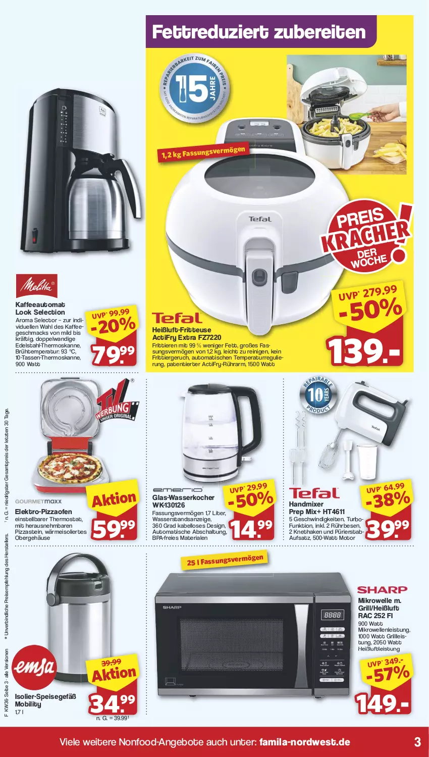 Aktueller Prospekt Famila - Prospekte - von 02.09 bis 07.09.2024 - strona 3 - produkty: angebot, angebote, auto, Bau, edelstahl, eis, Elektro, elle, fritteuse, glas-wasserkocher, grill, handmixer, kaffee, kaffeeautomat, Kocher, mac, mikrowelle, Mixer, Ofen, pizza, Pizzaofen, reis, Ria, Schal, Speisegefäß, tasse, teller, thermostat, Ti, Tiere, tisch, wasser, wasserkocher, ZTE