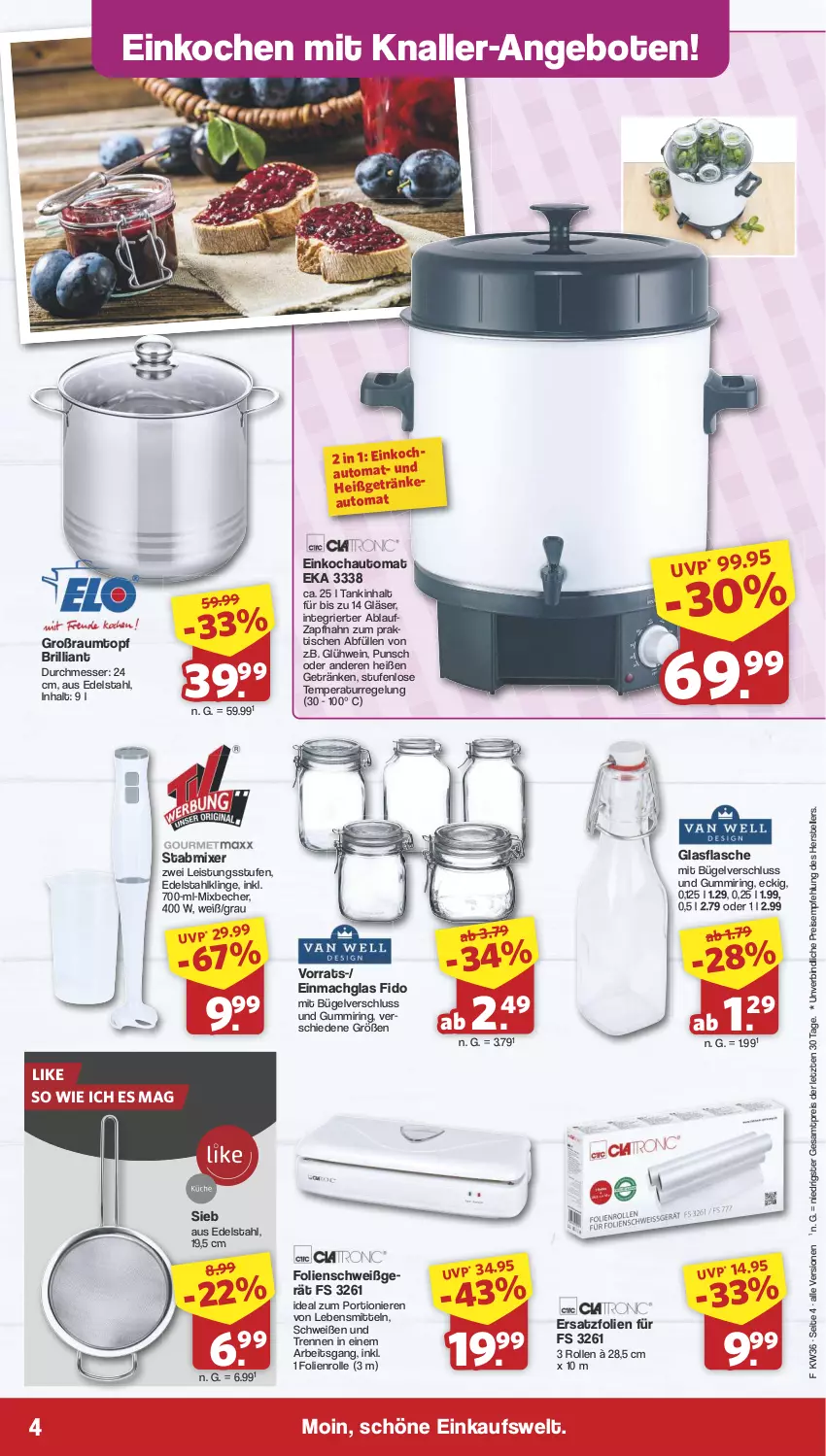 Aktueller Prospekt Famila - Prospekte - von 02.09 bis 07.09.2024 - strona 4 - produkty: angebot, angebote, auto, Becher, bügel, edelstahl, einmachglas, eis, elle, flasche, getränk, getränke, Gläser, glasflasche, Glühwein, lebensmittel, mac, messer, Mixer, reis, ring, stabmixer, teller, Ti, tisch, topf, wein, ZTE