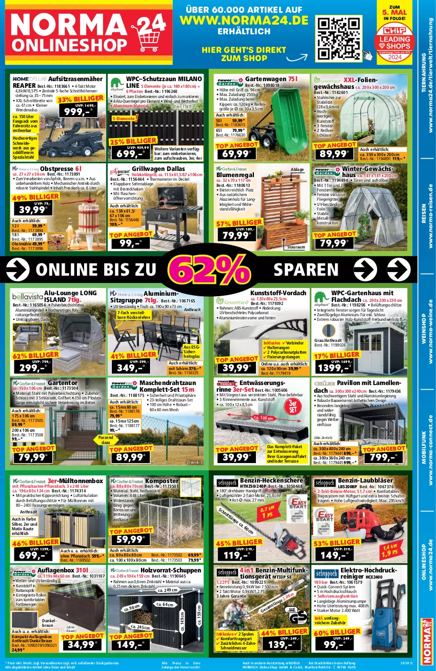 Aktueller Prospekt Norma - Norma - von 13.09 bis 29.09.2024 - strona 1 - produkty: aluminiumgestell, angebot, auflagenbox, Bau, beere, beeren, besteck, blume, blumen, Bona, braun, Brei, decke, Deckel, Draht, eis, Elektro, elle, ente, fenster, flasche, flaschenöffner, fliegengitter, Garten, Gartenhaus, Gewächshaus, grill, heckenschere, hochdruckreiniger, Holz, holzkohle, holzkohlegrill, kissen, Kohlegrill, Komposter, korb, latte, leine, LG, Liege, messer, ndk, obst, pavillon, Pflanzkasten, rasen, rasenmäher, regal, reifen, reiniger, reis, Ria, riegel, rückenlehne, rwe, sac, Schere, schlauch, schrauben, Spezi, thermometer, Ti, Tiere, tiernahrung, tisch, wein, weine, weinshop