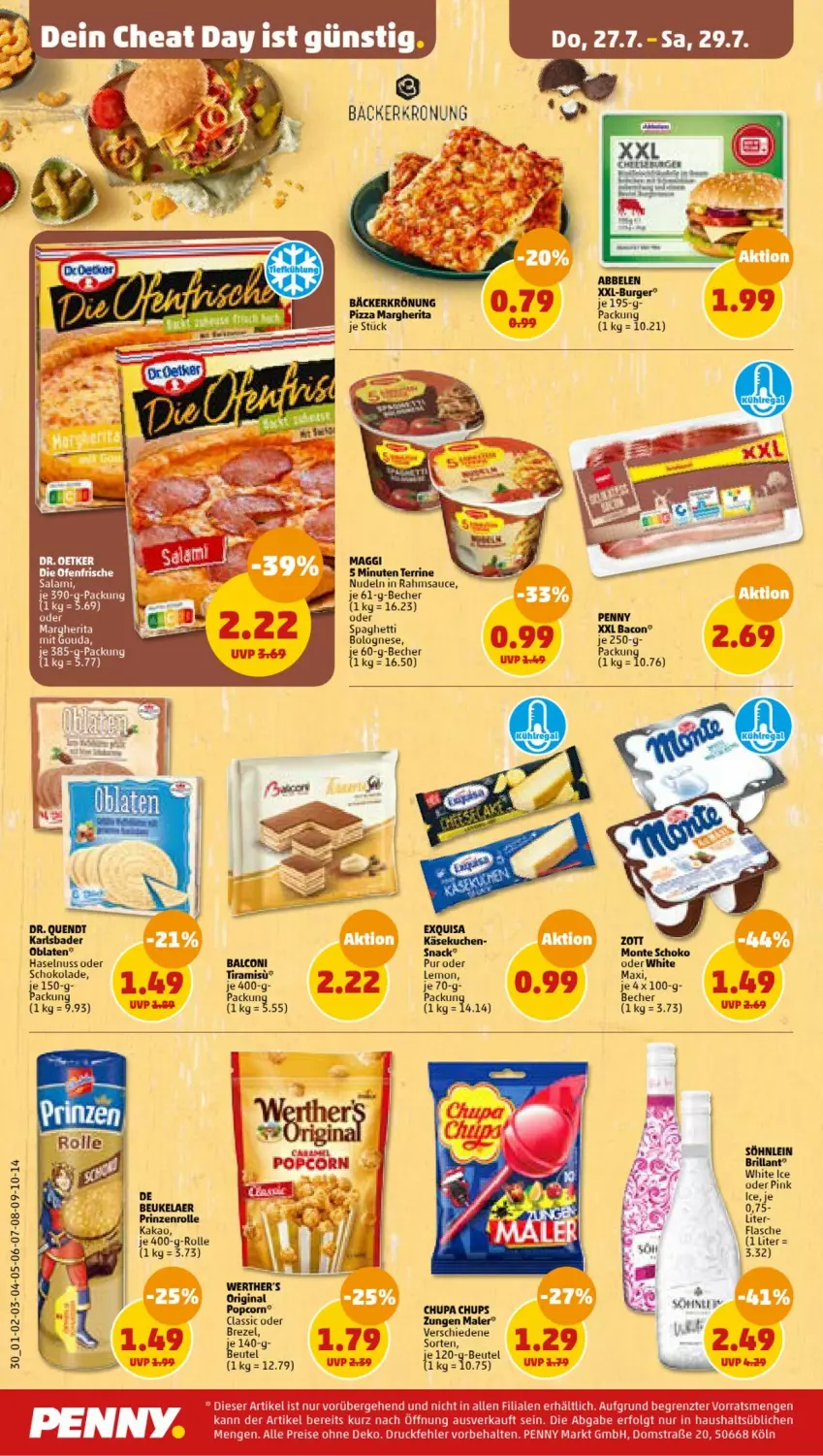 Aktueller Prospekt Penny - Prospekte - von 24.07 bis 29.07.2023 - strona 32 - produkty: Alcon, bacon, Bad, Becher, beutel, bolognese, brezel, burger, chupa, chupa chups, exquisa, flasche, gouda, haselnuss, kakao, Käse, käsekuchen, kuchen, maggi, margherita, mit gouda, monte, nudel, nudeln, nuss, Oblaten, pizza, popcorn, prinzenrolle, sauce, schoko, schokolade, snack, söhnlein, spaghetti, terrine, Ti