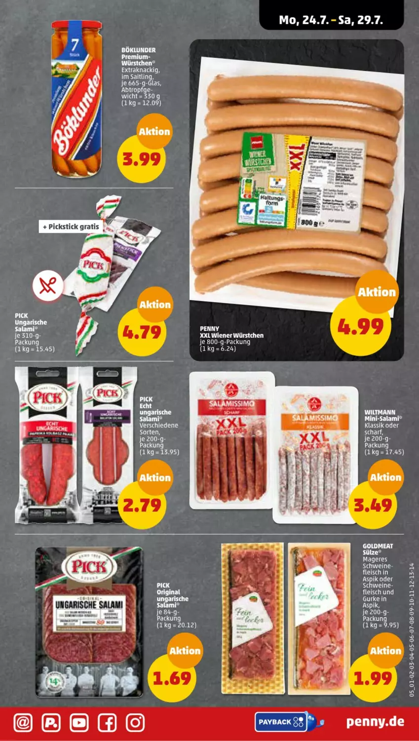 Aktueller Prospekt Penny - Prospekte - von 24.07 bis 29.07.2023 - strona 5 - produkty: böklunder, eis, fleisch, Mini-Salami, salami, schwein, schweine, tee, Ti, Ungarische Salami, wein, weine, wiener, wiener würstchen, würstchen