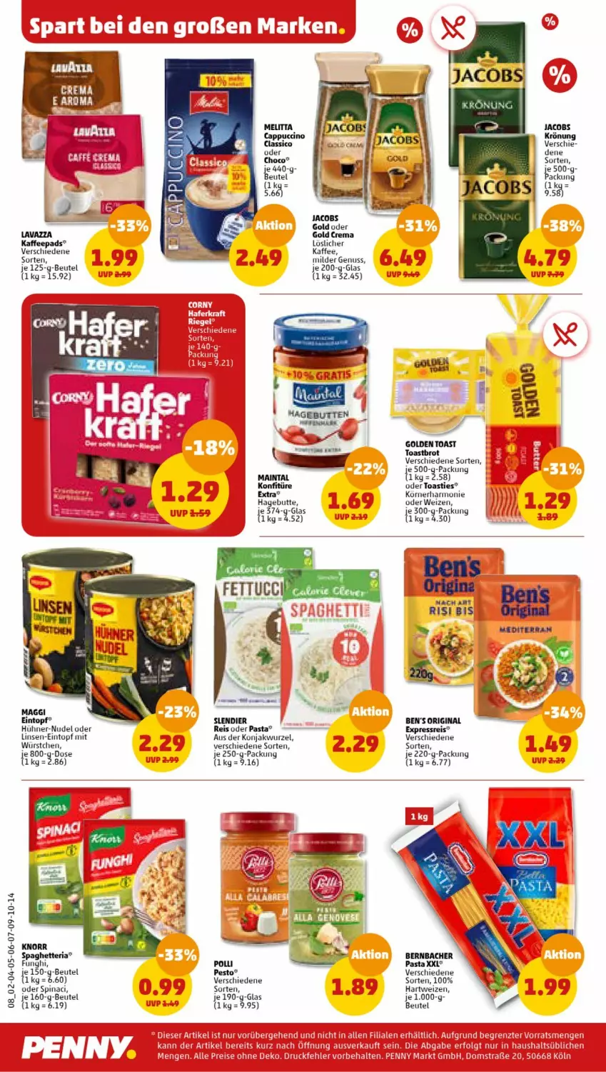 Aktueller Prospekt Penny - Prospekte - von 24.07 bis 29.07.2023 - strona 8 - produkty: asti, Ben’s Original, bernbacher, beutel, brot, Cap, cappuccino, cin, classico, eintopf, eis, gin, golden toast, hartweizen, hühner, jacobs, Jacobs Gold, je 250-g-packung, kaffee, kaffeepads, knorr, konfitüre, lavazza, linsen, linsen-eintopf, löslicher kaffee, mac, maggi, mam, melitta, mit würstchen, nudel, nuss, pasta, pesto, reis, Ria, rum, Ti, toast, Toastbrot, topf, würstchen