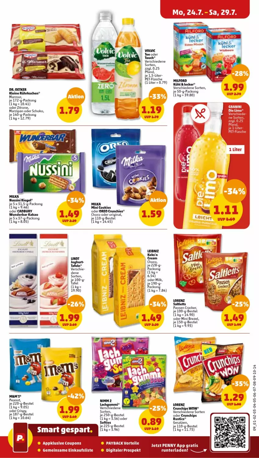 Aktueller Prospekt Penny - Prospekte - von 24.07 bis 29.07.2023 - strona 9 - produkty: beutel, brezel, chips, cookie, cookies, cracker, crunchips, eis, flasche, gin, joghur, joghurt, kakao, keks, kuchen, leibniz, leine, lindt, lorenz, milka, nuss, oreo, pet-flasche, riegel, salz, schoko, tee, Ti