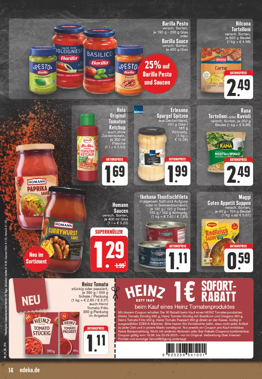 Aktueller Prospekt Edeka - Angebote der Woche - von 18.09 bis 23.09.2023 - strona 14 - produkty: aeg, aktionspreis, angebot, barilla, basilikum, beutel, blume, blumen, blumenöl, Brei, coupon, coupons, deka, eis, filet, filets, fisch, flasche, gin, heinz, hilcona, homann, kaffee, maggi, mehl, pesto, rabatt-coupon, Rana, reis, ricotta, saft, sauce, saucen, Schal, Schale, sonnenblume, sonnenblumen, sonnenblumenöl, suppe, suppen, thunfisch, Ti, tomate, tomaten, torte, tortelloni, zucker