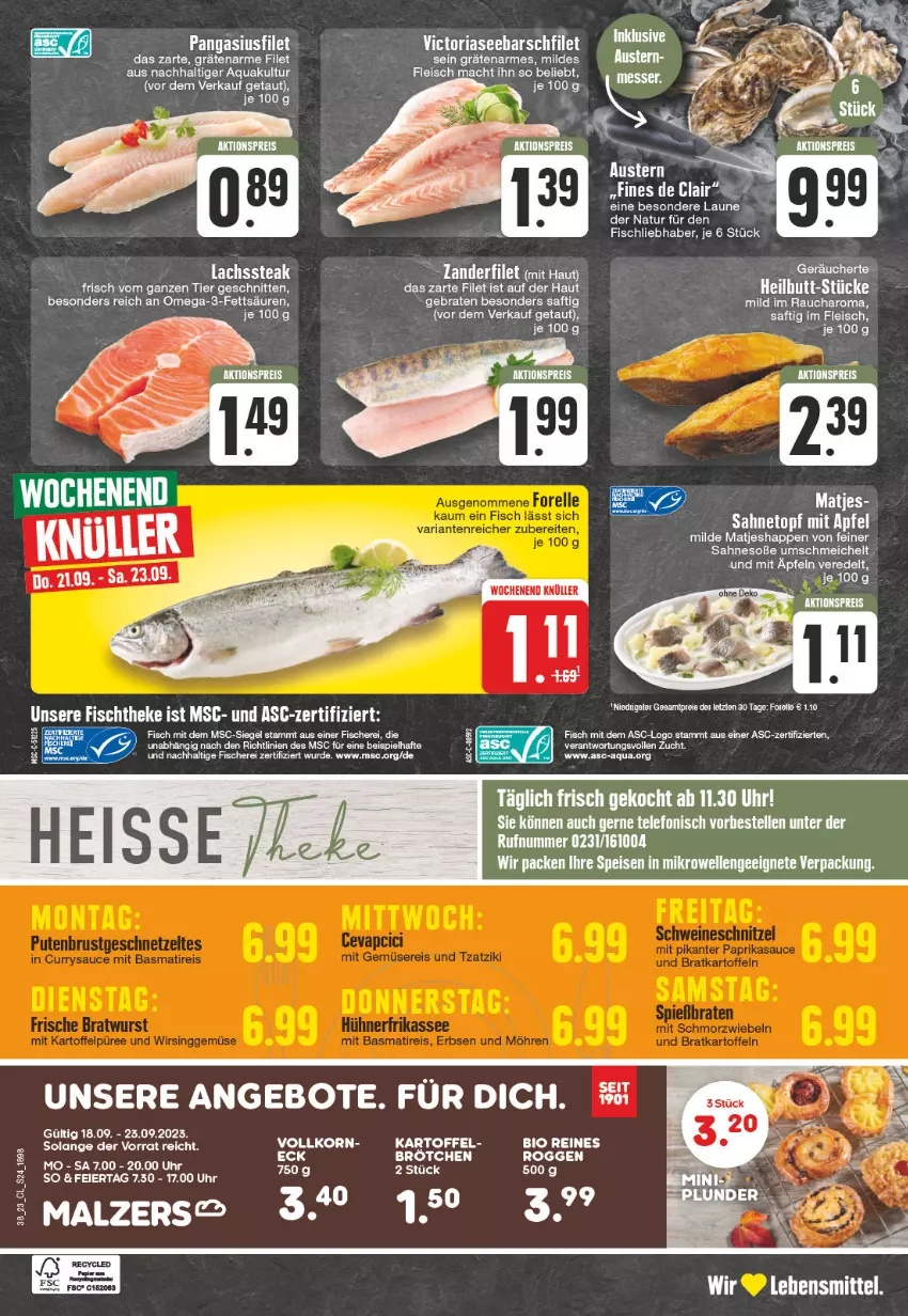 Aktueller Prospekt Edeka - Angebote der Woche - von 18.09 bis 23.09.2023 - strona 24 - produkty: aktionspreis, angebot, angebote, apfel, aqua, aust, Austern, bio, braten, brötchen, eier, eis, elle, ente, filet, fisch, fische, Fischer, fischtheke, fleisch, kartoffel, korn, lachs, lebensmittel, mac, matjes, natur, omega, Omega-3, Pangasius, papier, Rauch, reis, Ria, saft, sahne, Schere, schnitten, Soße, steak, telefon, Ti, topf, uhr