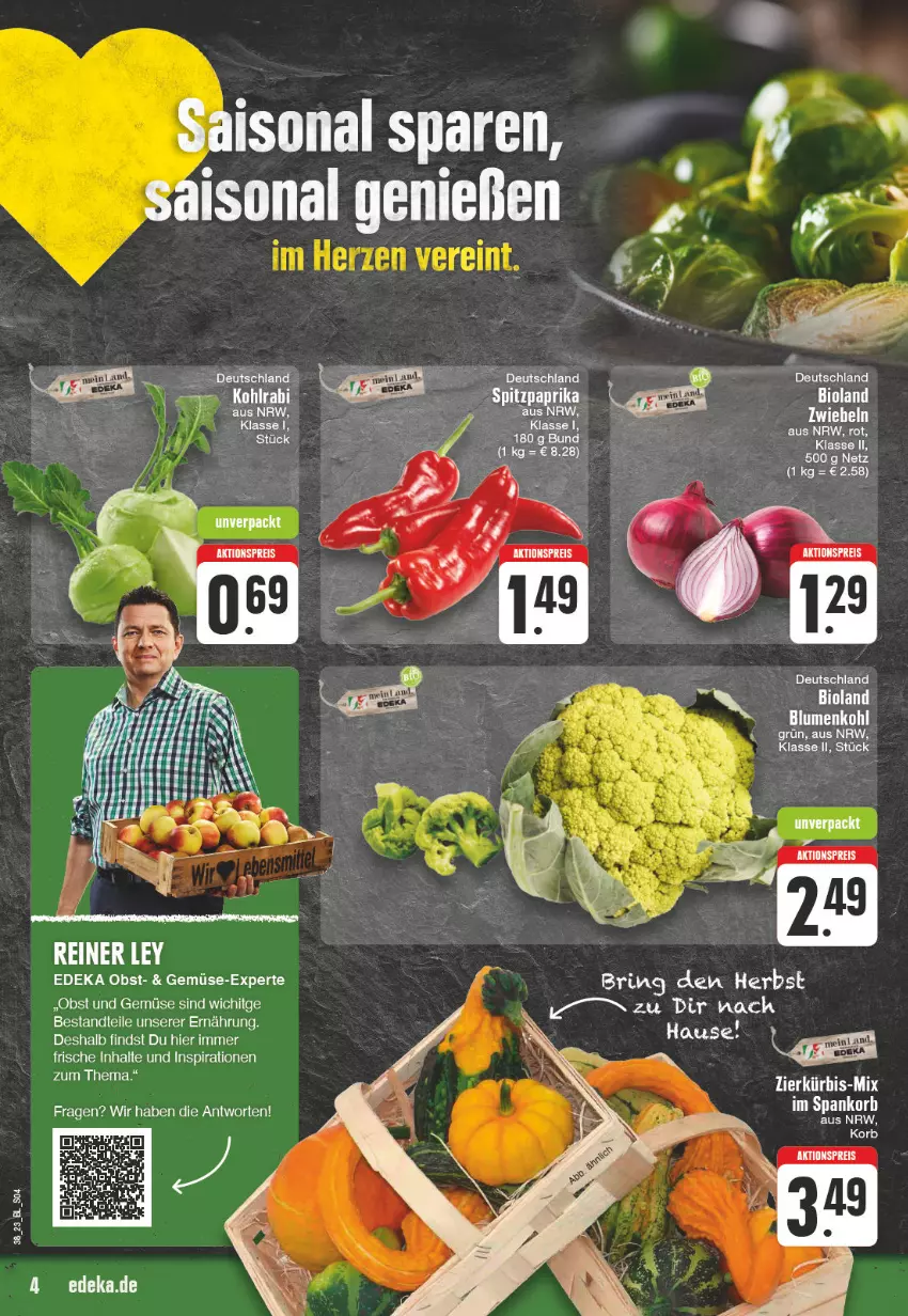 Aktueller Prospekt Edeka - Angebote der Woche - von 18.09 bis 23.09.2023 - strona 4 - produkty: aktionspreis, bio, bioland, deka, eis, korb, Kürbis, obst, Obst und Gemüse, reis, ring, Ti, und gemüse