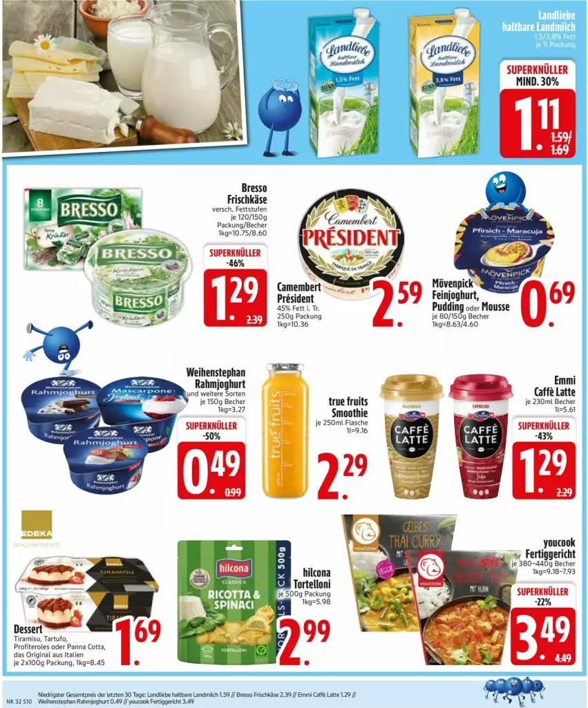 Aktueller Prospekt Edeka - Prospekte - von 04.08 bis 09.08.2025 - strona 12 - produkty: Becher, bio, bresso, caffe, camembert, dessert, eis, emmi, feinjoghurt, fertiggericht, flasche, frischkäse, gin, joghur, joghurt, Käse, landliebe, landmilch, latte, milch, mousse, panna cotta, pfirsich, Profiteroles, pudding, rahmjoghurt, reis, smoothie, Tartufo, Ti, tiramisu, true fruits, weihenstephan, Yo, YouCook, ZTE
