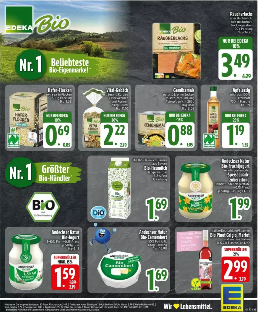 Aktueller Prospekt Edeka - Prospekte - von 04.08 bis 09.08.2025 - strona 25 - produkty: andechser natur, apfel, apfelessig, beutel, bio, buch, camembert, deka, direktsaft, eis, essig, flasche, gemüsemais, hafer, Holz, jogurt, lachs, mais, merl, merlot, natur, Pinot, pinot grigio, Räucherlachs, reis, saft, tee, ZTE
