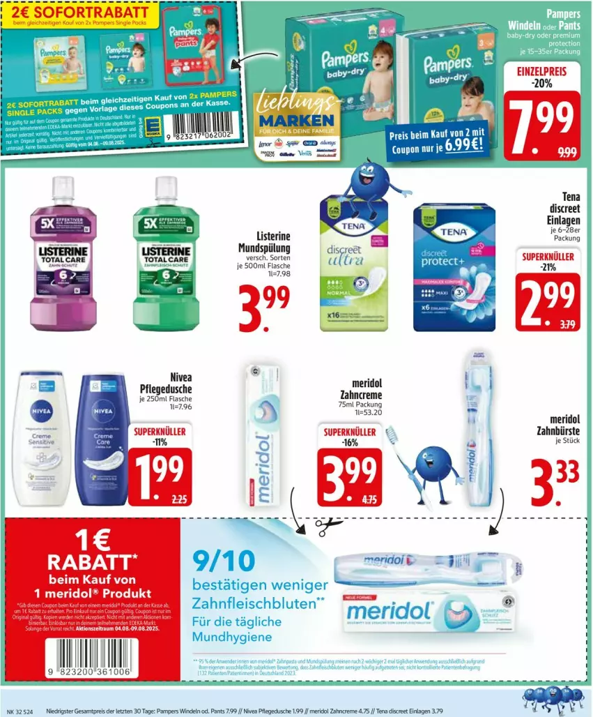 Aktueller Prospekt Edeka - Prospekte - von 04.08 bis 09.08.2025 - strona 26 - produkty: bürste, coupon, creme, Discreet, dusche, eis, listerine, meridol, nivea, pampers, Pants, pflegedusche, reis, Ti, windeln, zahnbürste, zahncreme, ZTE