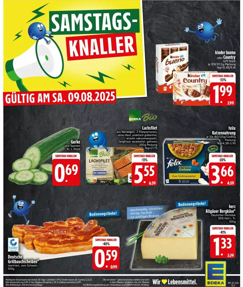 Aktueller Prospekt Edeka - Prospekte - von 04.08 bis 09.08.2025 - strona 30 - produkty: Bergkäse, filet, hartkäse, Käse, katzennahrung, Kinder, kinder bueno, lachs, lachsfilet, LG, rwe, Ti, tisch