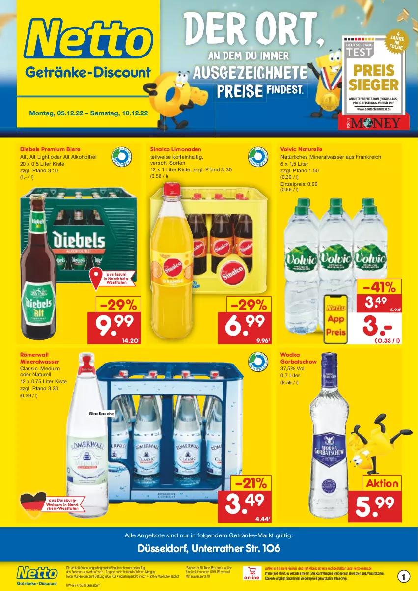 Aktueller Prospekt Netto Marken-Discount - Getränkemarkt in deiner Nähe - von 15.03.2021 bis 10.12.2022 - strona 1 - produkty: alkohol, Alwa, angebot, angebote, bestpreis, bier, Biere, diebels, discount, eis, elle, flasche, getränk, getränke, glasflasche, Gorbatschow, Holz, LG, limo, limonade, limonaden, marken-discount, mineralwasser, natur, natürliches mineralwasser, ndk, reis, rel, sinalco, Ti, volvic, wasser, wodka, ZTE