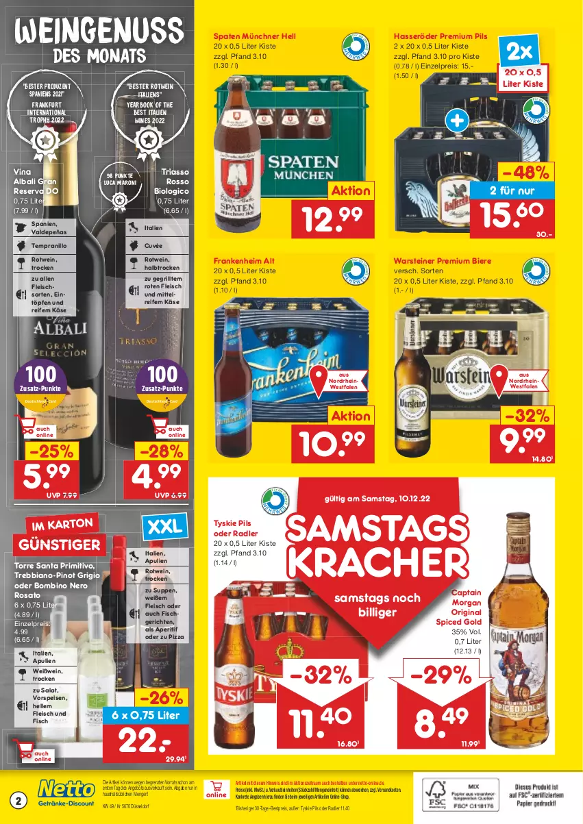 Aktueller Prospekt Netto Marken-Discount - Getränkemarkt in deiner Nähe - von 15.03.2021 bis 10.12.2022 - strona 2 - produkty: angebot, aperitif, bestpreis, bier, Biere, bio, Cap, captain morgan, cuvée, eintöpfe, eis, elle, fisch, fleisch, gin, grill, hasseröder, Käse, kracher, ndk, nero, nuss, oder radler, original spiced gold, pils, Pinot, pinot grigio, pizza, premium pils, primitivo, radler, reis, Ria, rosato, rotwein, salat, Spaten, steiner, suppe, suppen, tempranillo, Ti, tyskie, vorspeise, warsteiner, wein, Weißwein, ZTE