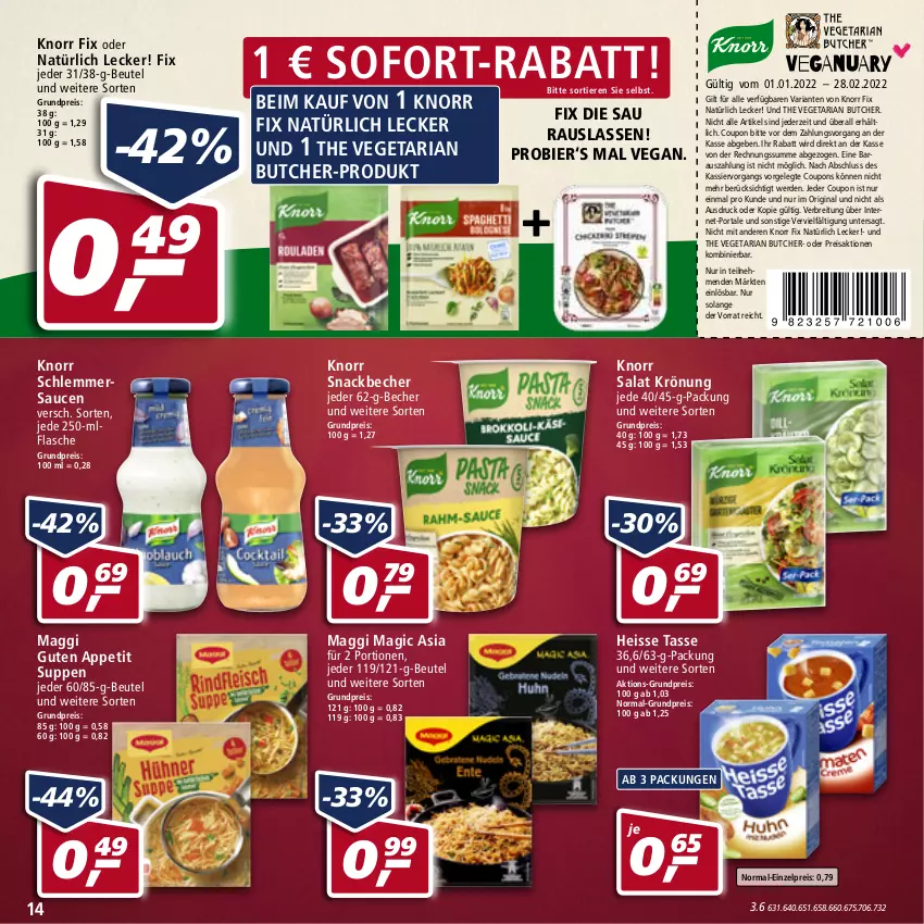 Aktueller Prospekt Real - Real Handzettel - von 03.01 bis 08.01.2022 - strona 14 - produkty: Becher, beutel, bier, Brei, coupon, coupons, eis, erde, flasche, gin, knorr, knorr fix, maggi, reis, Ria, salat, sauce, saucen, schlemmersauce, schlemmersaucen, snack, sofort-rabatt, suppe, suppen, tasse, The Vegetarian Butcher, Ti, Tiere, Vegeta