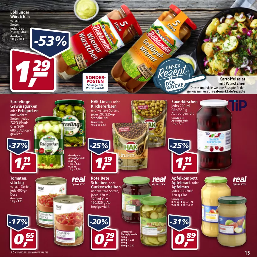 Aktueller Prospekt Real - Real Handzettel - von 03.01 bis 08.01.2022 - strona 15 - produkty: apfel, apfelmus, auer, beutel, böklunder, eis, erbsen, gewürz, Gewürzgurke, gewürzgurken, gurke, gurken, kartoffel, kartoffelsalat, kirsch, kirsche, kirschen, LG, linsen, mit würstchen, reis, rezept, rezepte, rote bete, salat, sauerkirschen, tomate, tomaten, würstchen