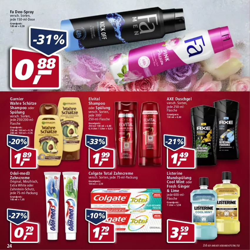 Aktueller Prospekt Real - Real Handzettel - von 03.01 bis 08.01.2022 - strona 24 - produkty: axe, axe duschgel, colgate, colgate total, creme, deo, duschgel, eis, elvital, flasche, garnier, gin, ginger, LG, listerine, mint, mundspülung, Odol, reis, shampoo, shampoo oder spülung, spülung, vita, Wahre Schätze, zahncreme