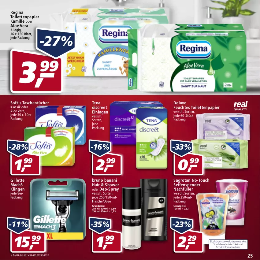 Aktueller Prospekt Real - Real Handzettel - von 03.01 bis 08.01.2022 - strona 25 - produkty: aloe vera, bruno banani, deo, Discreet, eis, feuchtes toilettenpapier, flasche, gillette, gin, Kamill, kamille, mac, mach3, papier, reis, sagrotan, Seife, seifenspender, Tasche, taschen, taschentücher, Ti, toilettenpapier, tücher