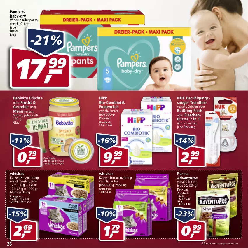 Aktueller Prospekt Real - Real Handzettel - von 03.01 bis 08.01.2022 - strona 26 - produkty: adventuros, baby-dry, bebivita, Beruhigungssauger, bio, bürste, eier, eis, fisch, flasche, folgemilch, frucht, früchte, hipp, LG, milch, Nassnahrung, nuk, pampers, Pants, purina, reis, ring, schwamm, Ti, Trockennahrung, vita, whiskas, windeln, windeln oder pants