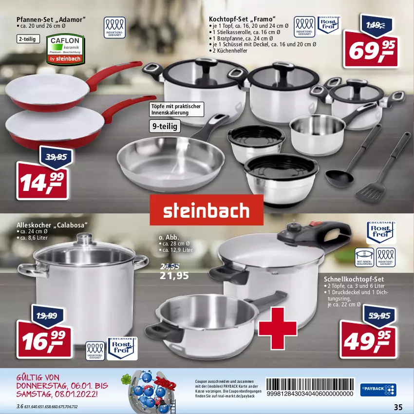 Aktueller Prospekt Real - Real Handzettel - von 03.01 bis 08.01.2022 - strona 35 - produkty: bratpfanne, coupon, decke, Deckel, eis, elle, ente, Kocher, Kochtopf, küche, Küchen, Küchenhelfer, payback, pfanne, pfannen, pfannen-set, reis, ring, Schnellkochtopf, schüssel, stielkasserolle, teller, Ti, tisch, topf, topf-set