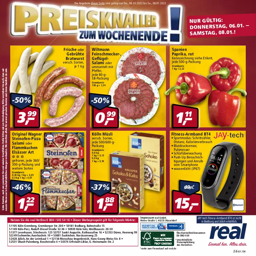 Aktueller Prospekt Real - Real Handzettel - von 03.01 bis 08.01.2022 - strona 48 - produkty: angebot, angebote, Armband, auer, Berger, bosch, bratwurst, Diesel, eis, elle, elsässer art, feinschmecker, flammkuchen, Geflügel, gin, kölln, kuchen, lamm, LG, Mantel, messer, Metro, müsli, Narzissen, Ofen, original wagner, paprika, payback, pfeffer, pizza, Push-up, Rauch, reis, rwe, salami, smartphone, Sport, steinofen, teller, Ti, wagner, wasser, wiltmann, wurst