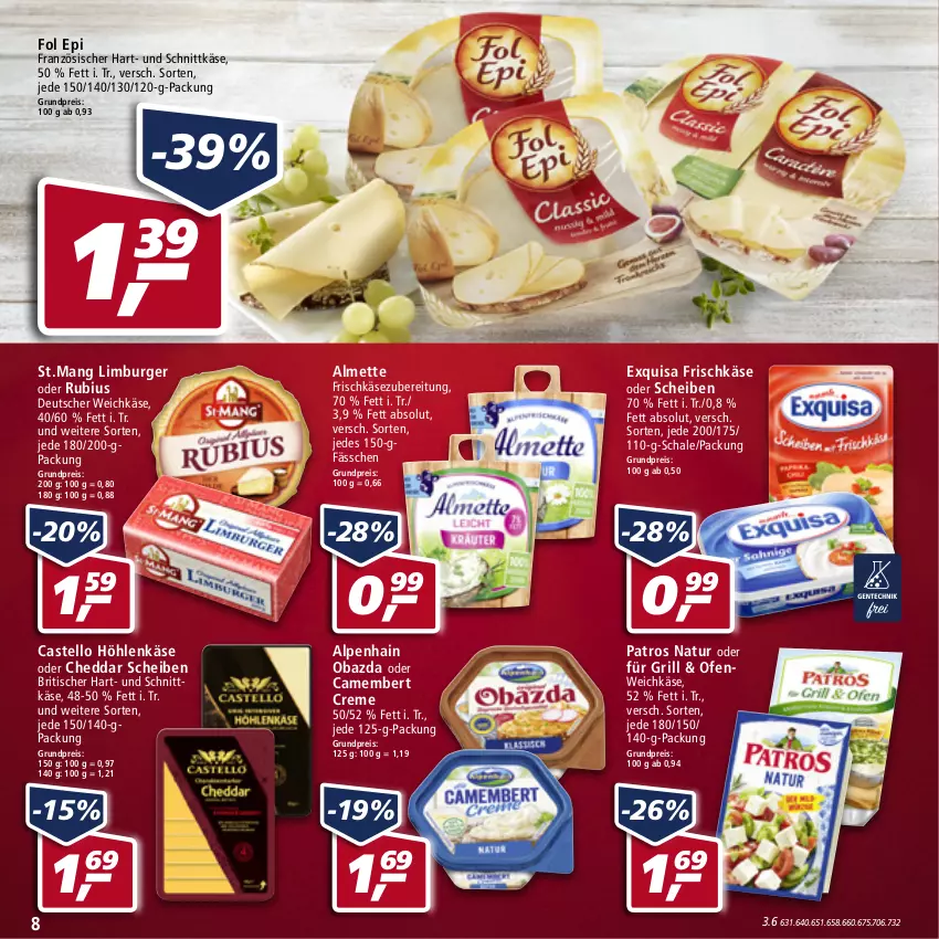 Aktueller Prospekt Real - Real Handzettel - von 03.01 bis 08.01.2022 - strona 8 - produkty: almette, Alpenhain, burger, camembert, camembert creme, cheddar, creme, deutscher weichkäse, eis, exquisa, exquisa frischkäse, fol epi, frischkäse, frischkäsezubereitung, grill, höhlenkäse, Käse, Limburger, Mett, natur, obazda, Ofen, patros, reis, Rubius, Schal, Schale, schnittkäse, Ti, tisch, weichkäse