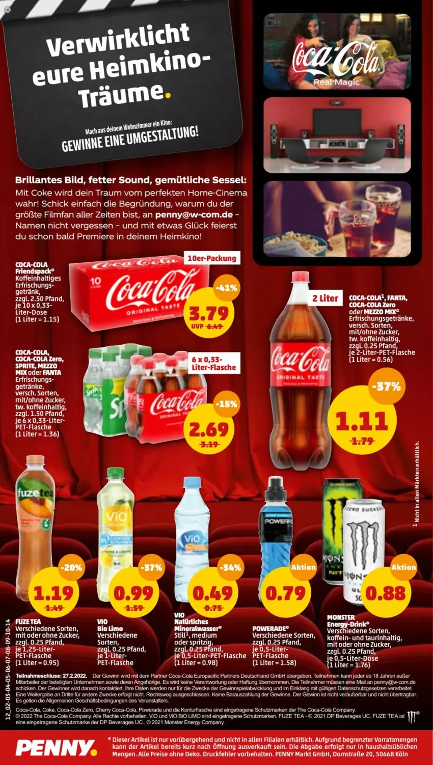 Aktueller Prospekt Penny - Prospekte - von 21.02 bis 26.02.2022 - strona 14 - produkty: Alwa, bio, bio limo, Cif, cin, coca-cola, cola, eier, eis, erde, erfrischungsgetränk, erfrischungsgetränke, fanta, flasche, fuze tea, getränk, getränke, gewinnspiel, LG, limo, Mezzo Mix, mineralwasser, monster, Monster Energy, pet-flasche, reis, rum, sessel, Ti, vio bio limo, wasser, weck, WICK, ZTE, zucker