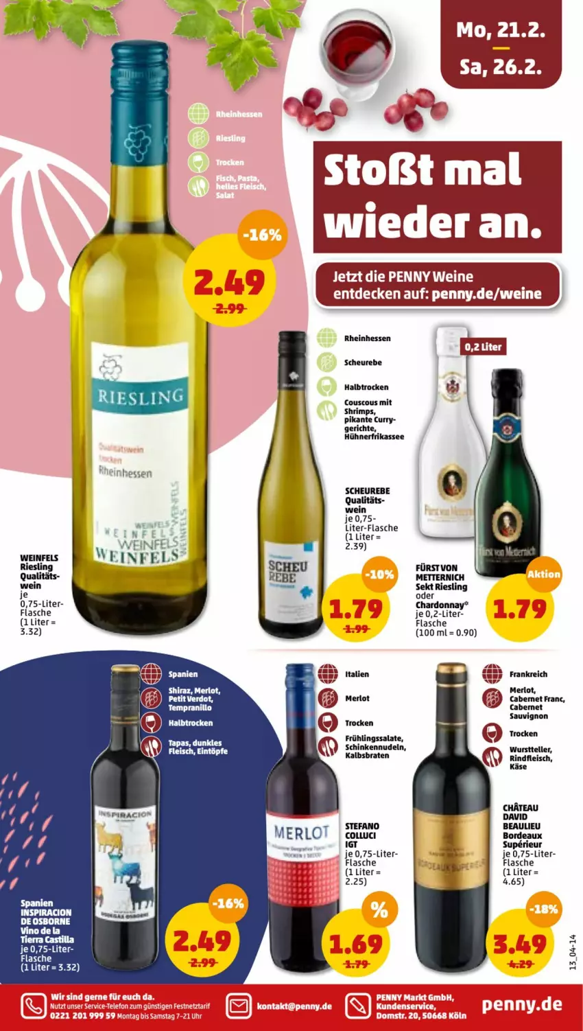 Aktueller Prospekt Penny - Prospekte - von 21.02 bis 26.02.2022 - strona 15 - produkty: asti, braten, cabernet, cabernet sauvignon, chardonnay, couscous, curry, eintöpfe, eis, elle, flasche, fleisch, fürst von metternich, Heu, hühner, Käse, merl, merlot, Mett, metternich, nerf, nudel, nudeln, osborne, riesling, rind, rindfleisch, salat, salate, sauvignon, schinken, sekt, teller, tempranillo, Ti, wein, weine, wurst