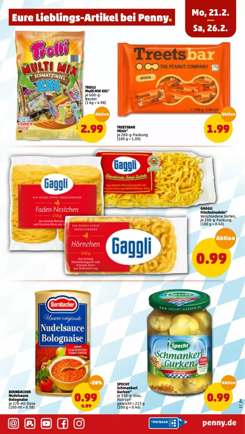 Aktueller Prospekt Penny - Prospekte - von 21.02 bis 26.02.2022 - strona 19 - produkty: bernbacher, beutel, gurke, gurken, je 250-g-packung, nudel, nudeln, sauce, specht, Ti