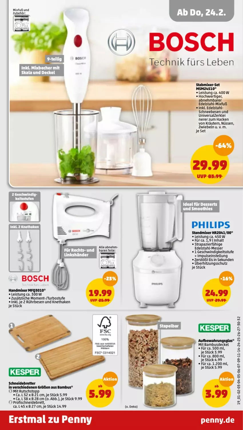 Aktueller Prospekt Penny - Prospekte - von 21.02 bis 26.02.2022 - strona 23 - produkty: bambus, Becher, bosch, decke, Deckel, dessert, desserts, edelstahl, eis, fisch, handmixer, kräuter, kräutern, messer, Mixer, Philips, salz, Schneebesen, schneidebrett, smoothie, smoothies, stabmixer, standmixer, Ti, überhitzungsschutz, zwiebel, zwiebeln