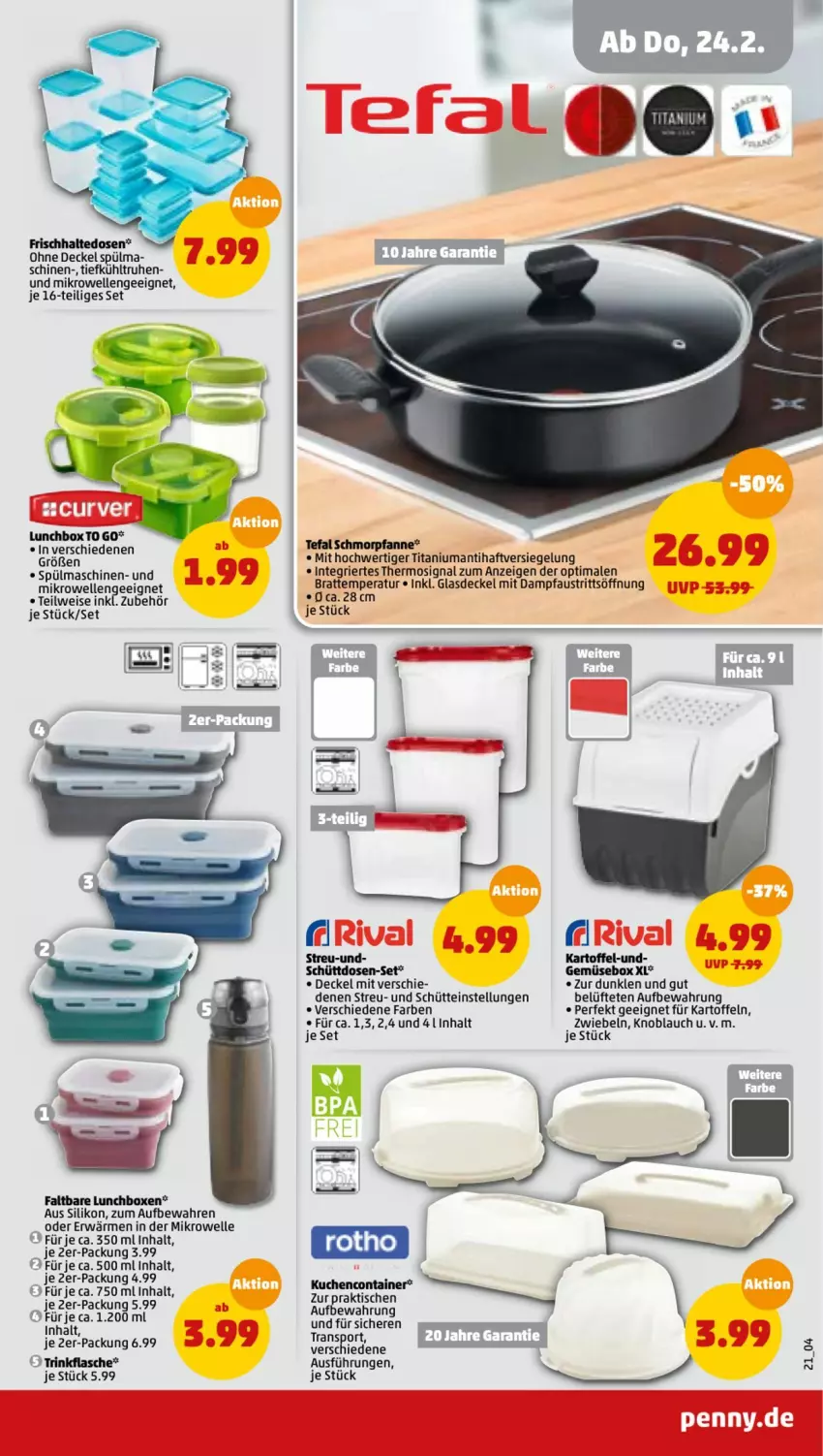 Aktueller Prospekt Penny - Prospekte - von 21.02 bis 26.02.2022 - strona 25 - produkty: aust, Container, decke, Deckel, eis, elle, flasche, frischhaltedosen, Glasdeckel, kartoffel, kartoffeln, knoblauch, kuchen, lunchbox, mikrowelle, pfanne, Pfau, schmorpfanne, Signal, spülmaschinen, tefal, Ti, tisch, trinkflasche, zwiebel, zwiebeln