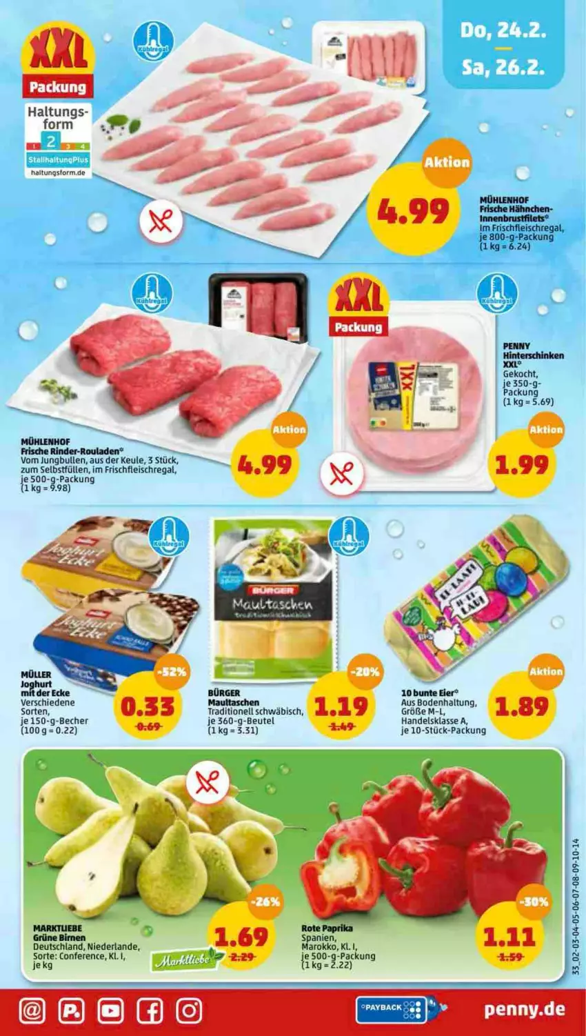 Aktueller Prospekt Penny - Prospekte - von 21.02 bis 26.02.2022 - strona 33 - produkty: Becher, beutel, Birnen, brustfilet, eier, eis, filet, filets, fleisch, Frische Hähnchen, hinterschinken, joghur, joghurt, jungbullen, maultaschen, Müller, regal, rind, rinder, rinder-rouladen, rouladen, schinken, Tasche, taschen, Ti