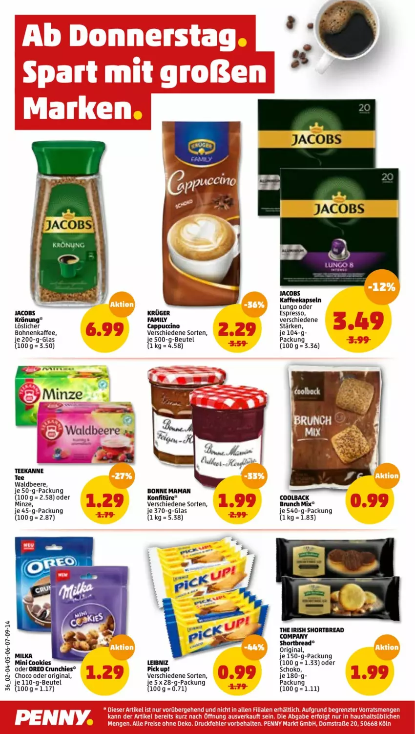 Aktueller Prospekt Penny - Prospekte - von 21.02 bis 26.02.2022 - strona 36 - produkty: beere, beutel, bohne, bohnen, bohnenkaffee, bonne maman, Cap, cappuccino, cin, cookie, cookies, espresso, gin, jacobs, jacobs krönung, kaffee, kaffeekapseln, konfitüre, krüger, leibniz, löslicher bohnenkaffee, lungo, mam, milka, minze, oder espresso, oreo, Pick Up!, schoko, tee, teekanne