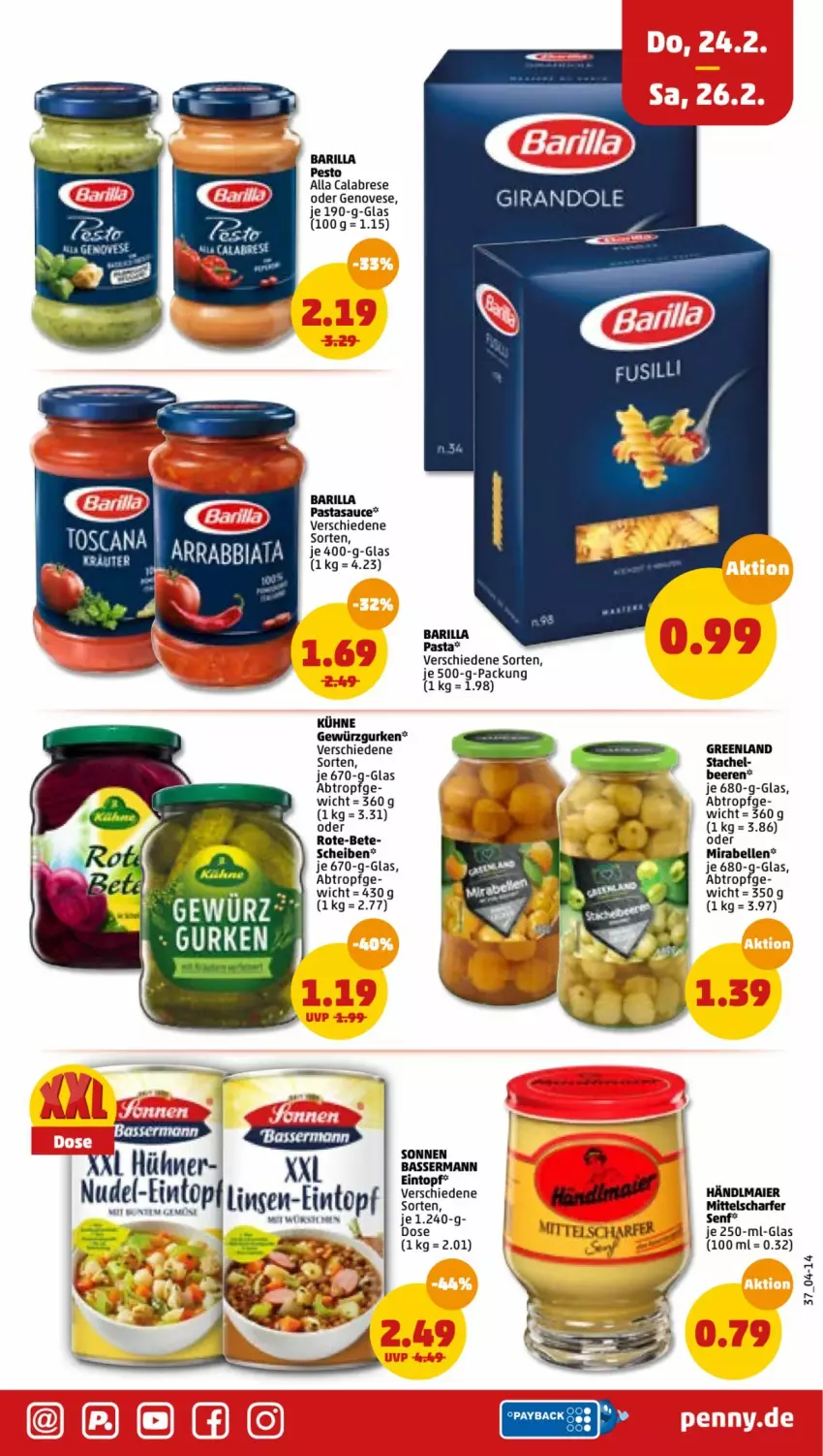 Aktueller Prospekt Penny - Prospekte - von 21.02 bis 26.02.2022 - strona 37 - produkty: barilla, beere, beeren, elle, genovese, gewürz, Gewürzgurke, gewürzgurken, gurke, gurken, händlmaier, hühner, Kühne, pasta, sauce, senf, topf