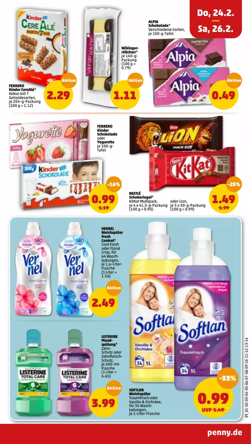 Aktueller Prospekt Penny - Prospekte - von 21.02 bis 26.02.2022 - strona 39 - produkty: alpia, eis, ferrero, flasche, fleisch, je 1-liter-flasche, keks, kekse, Kinder, kinder schokolade, kitkat, lion, listerine, oder yogurette, orchidee, riegel, schoko, schokolade, schokoriegel, spülung, Ti, total care, vanille, vernel, weichspüler, Yo, yogurette