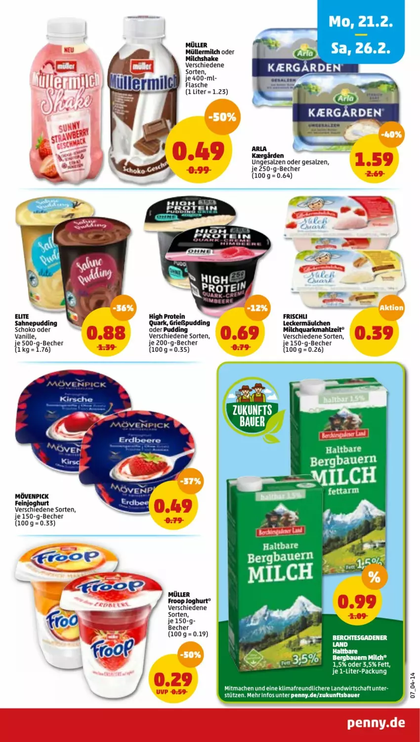 Aktueller Prospekt Penny - Prospekte - von 21.02 bis 26.02.2022 - strona 9 - produkty: arla, auer, Bau, Bauer, Becher, beere, erdbeere, feinjoghurt, flasche, frischli, froop, Grießpudding, joghur, joghurt, kirsch, kirsche, leckermäulchen, mac, milch, mövenpick, Müller, müllermilch, pudding, quark, sahne, salz, schoko, shake, vanille