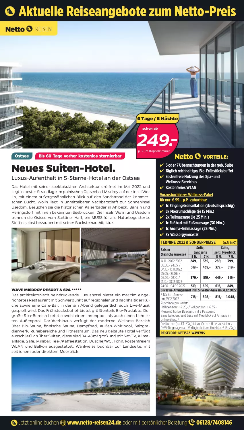 Aktueller Prospekt Netto - Netto-Reisen - von 11.04 bis 24.04.2022 - strona 1 - produkty: angebot, angebote, asti, axe, Bad, Bau, bio, buch, dusche, eis, elle, ente, hering, Herings, innenpool, kaffee, Kaiser, küche, kurtaxe, Mode, natur, Pommersche, pool, reis, ring, rum, rwe, salz, tee, Ti, usb, wasser, Whirlpool, ZTE