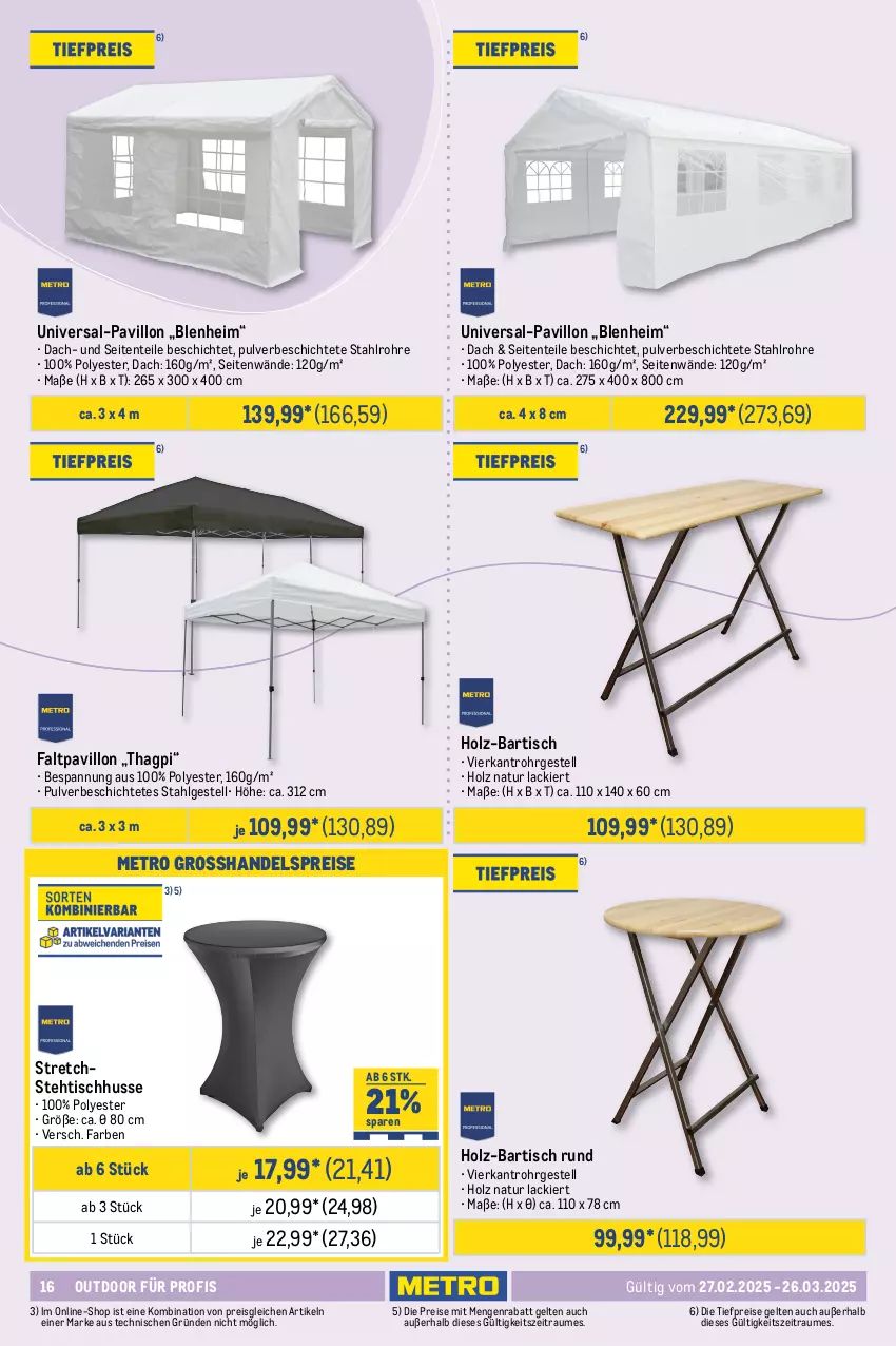 Aktueller Prospekt Metro - Outdoor für Profis - von 27.02 bis 26.03.2025 - strona 16 - produkty: Bartisch, eis, ente, Faltpavillon, Holz, lack, LG, Metro, natur, pavillon, reis, Ti, tiefpreis, tisch