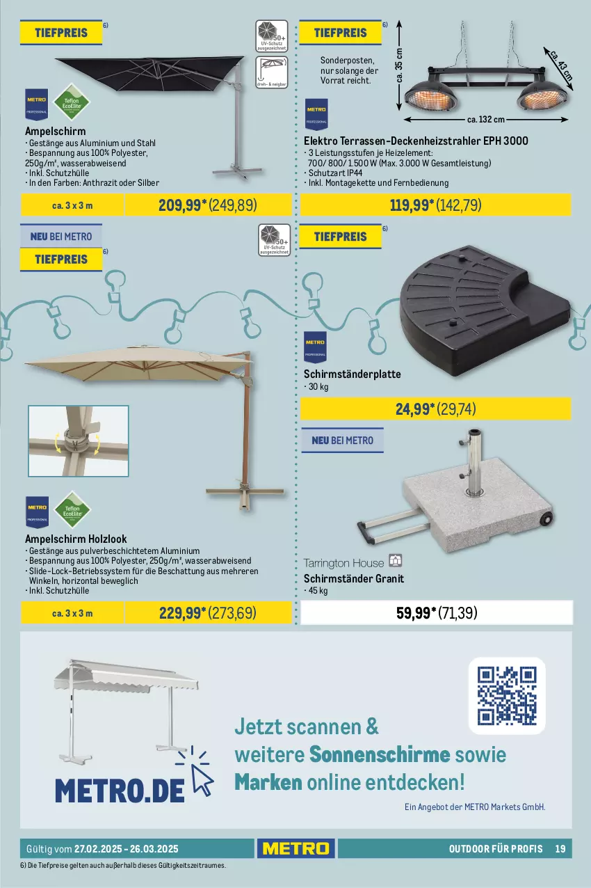 Aktueller Prospekt Metro - Outdoor für Profis - von 27.02 bis 26.03.2025 - strona 19 - produkty: ampelschirm, angebot, Betriebssystem, decke, eis, Elektro, fernbedienung, Holz, Kette, latte, Metro, reis, schirme, schirmständer, schutzhülle, sonderposten, sonnenschirm, Ti, tiefpreis, tisch, wasser