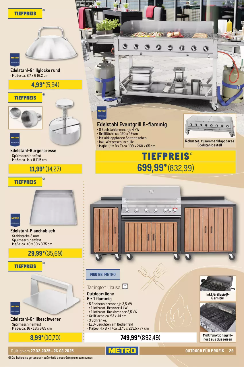 Aktueller Prospekt Metro - Outdoor für Profis - von 27.02 bis 26.03.2025 - strona 29 - produkty: Behälter, burger, decke, Deckel, edelstahl, eis, fisch, garnitur, gasgrill, grill, grillfläche, Grillpfanne, grillrost, grillzange, korb, küche, lamm, LED-Leuchte, Leuchte, leuchten, LG, mab, Metro, pfanne, Rauch, reis, schutzhülle, spülmaschinen, Ti, tiefpreis, tisch