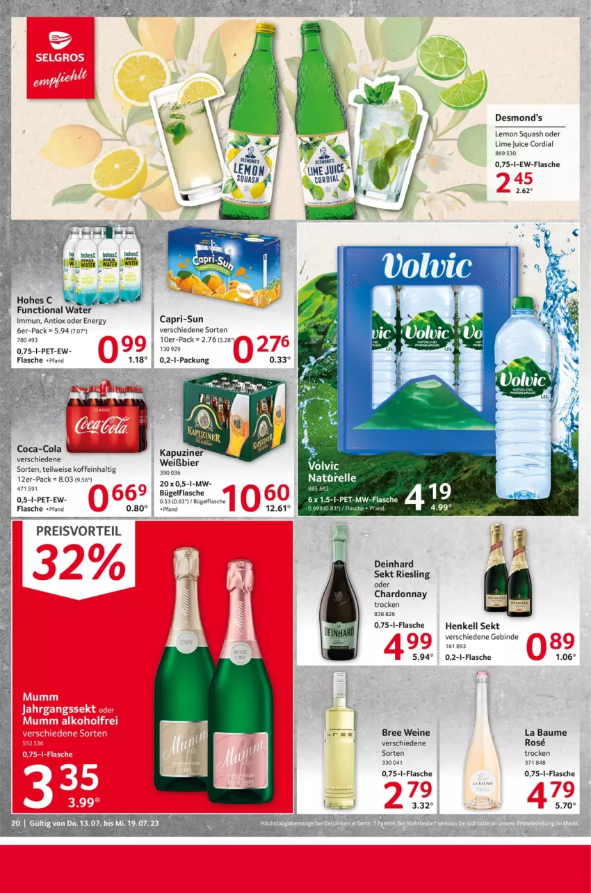 Aktueller Prospekt Selgros - Food - von 13.07 bis 19.07.2023 - strona 20 - produkty: Bau, bier, bree, bügel, bügelflasche, Cap, capri-sun, chardonnay, coca-cola, cola, eis, elle, flasche, henkel, henkell, henkell sekt, Hohes C, mw-flasche, preisvorteil, reis, rel, riesling, sekt, Ti, volvic, wein, weine