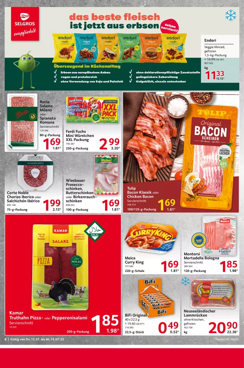 Aktueller Prospekt Selgros - Food - von 13.07 bis 19.07.2023 - strona 8 - produkty: auer, bacon, Bau, Bauer, bifi, butter, Cava, chorizo, curry, dell, ecco, erbsen, ferdi fuchs, gin, kuchen, lamm, Lammrücken, meica, montorsi, mortadella, prosecco, Rauch, rwe, Schal, Schale, schinken, soja, Ti, tulip, veggie, wiesbauer, würstchen