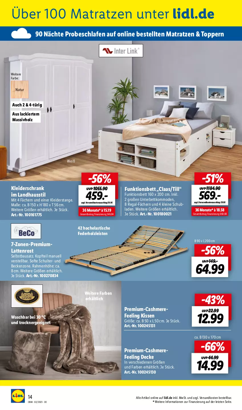 Aktueller Prospekt Lidl - Aktuelle Onlineshop-Highlights - von 01.02 bis 28.02.2023 - strona 14 - produkty: asti, Bau, bett, cashmere, decke, eis, Ergee, Hela, Holz, Kenzo, kissen, kleid, kleider, kleiderschrank, kommode, lack, latte, lattenrost, leine, massivholz, matratze, matratzen, Mode, natur, ndk, regal, Schrank, schubladen, Ti, tisch, topper, Trockner, ZTE