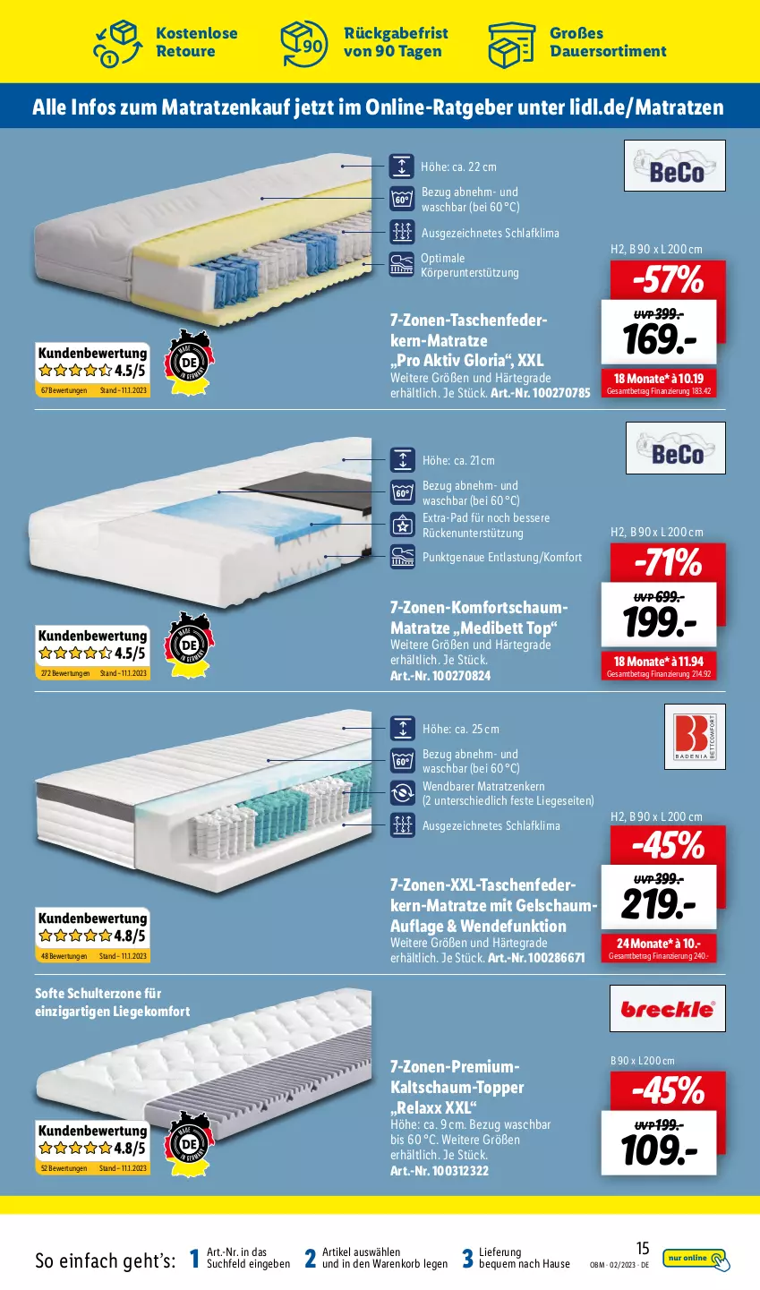 Aktueller Prospekt Lidl - Aktuelle Onlineshop-Highlights - von 01.02 bis 28.02.2023 - strona 15 - produkty: auer, bett, federkern, komfortschaummatratze, korb, Liege, matratze, matratzen, rel, Ria, schauma, Schaummatratze, Tasche, taschen, taschenfederkern-matratze, Ti, topper